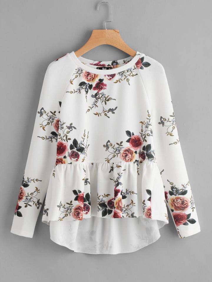 Romwe Raglan Sleeve Ruffle Dip Hem Blouse