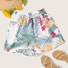 Romwe Floral & Tropical Print Paperbag Waist Shorts