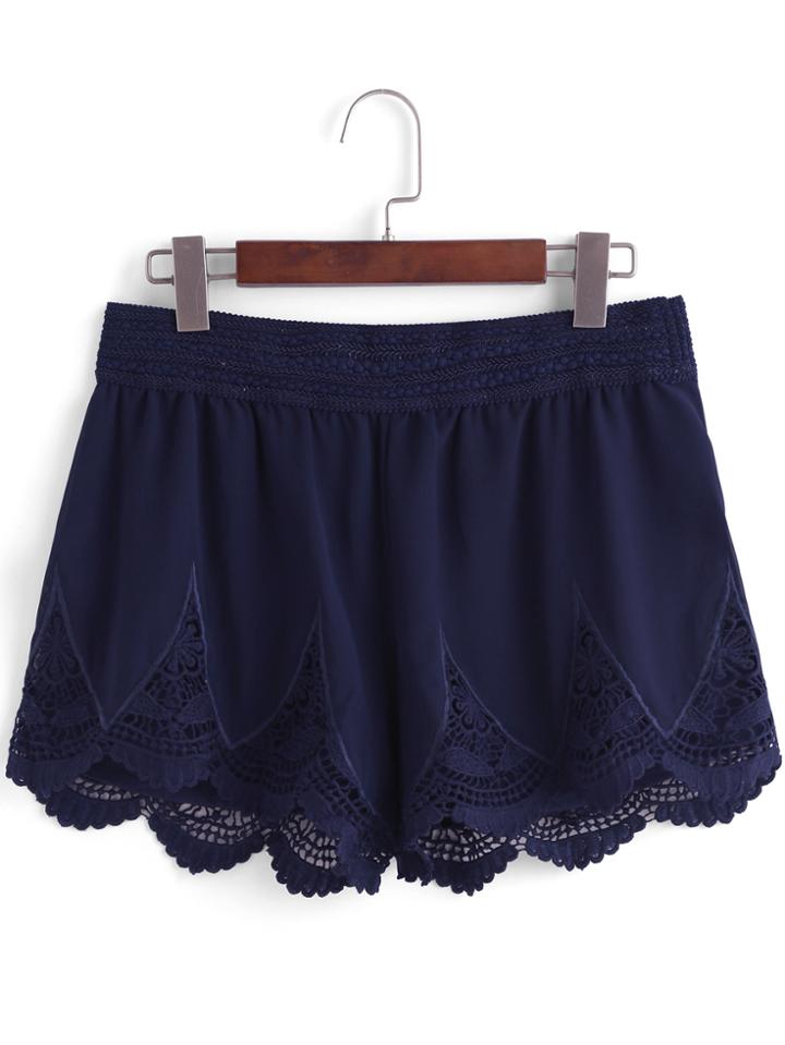 Romwe Elastic Waist Lace Crochet Hollow Chiffon Shorts