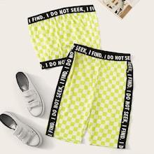 Romwe Contrast Slogan Trim Checkered Bandeau With Cycling Shorts