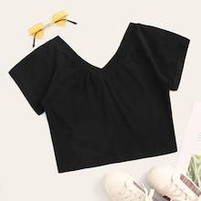 Romwe V-neck Raglan Sleeve Crop Tee