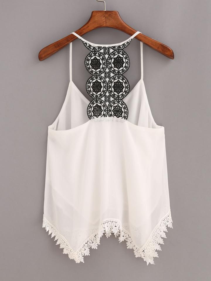 Romwe Contrast Racerback Lace Trimmed Cami Top - White