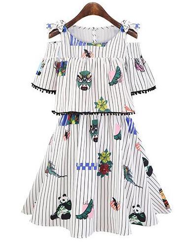 Romwe Striped Cold Shoulder Printed Fake Two Piece Dress