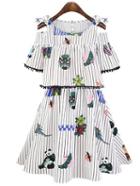 Romwe Striped Cold Shoulder Printed Fake Two Piece Dress