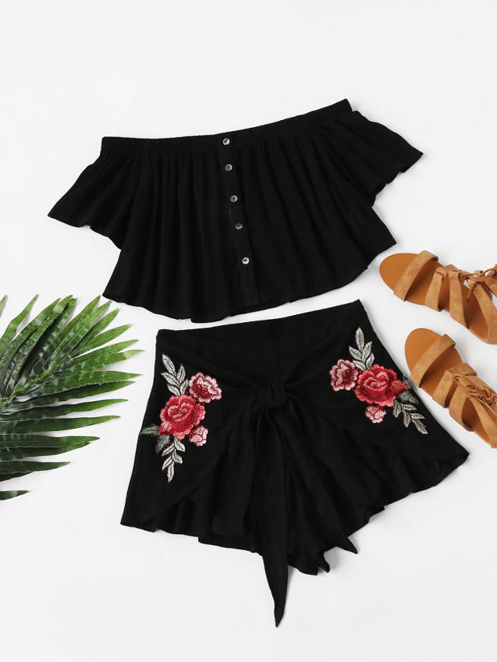 Romwe Buttoned Bardot Top And Embroidered Rose Patch Wrap Shorts Set