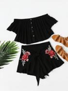 Romwe Buttoned Bardot Top And Embroidered Rose Patch Wrap Shorts Set