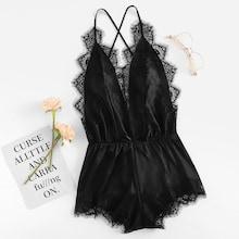 Romwe Criss Cross Lace Trim Romper