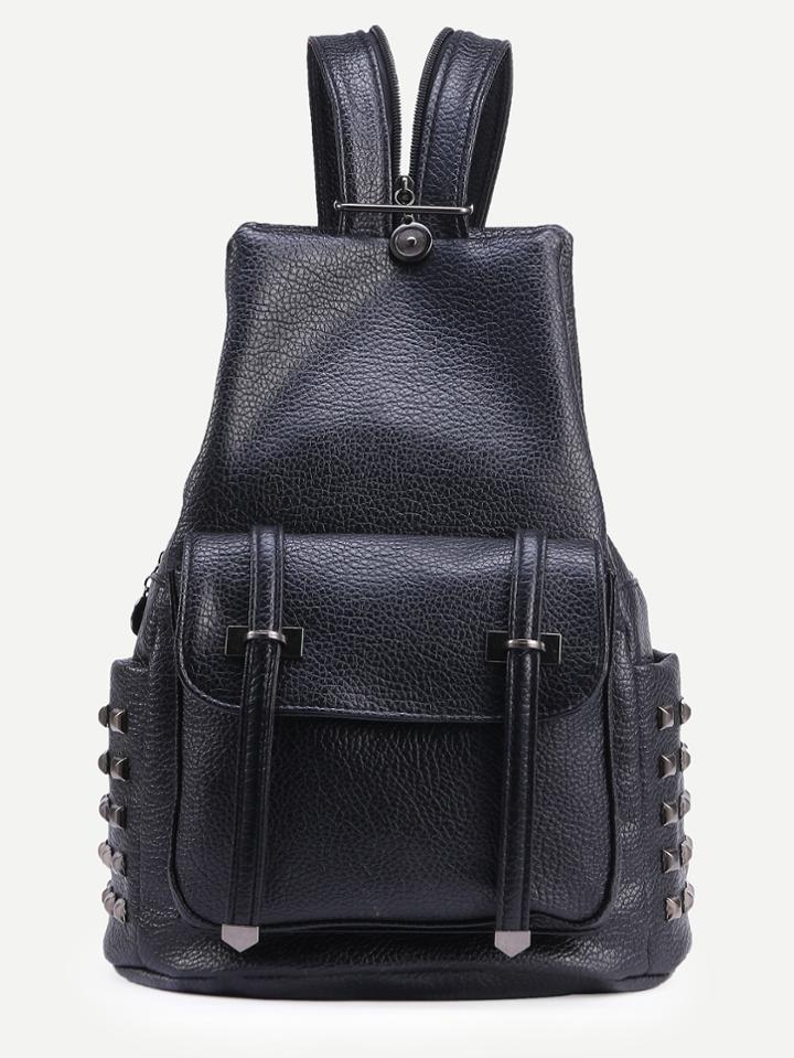 Romwe Black Double Buckled Strap Front Studded Backpack