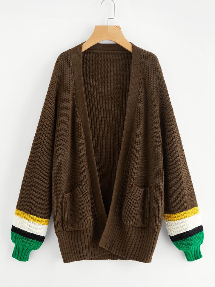 Romwe Striped Sleeve Pocket Front Cardigan