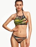 Romwe Halter Camouflage Print Bikini Set