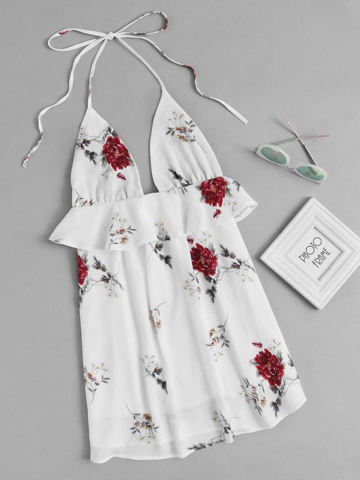Romwe Halter Neck Floral Print Random Frill Trim Dress