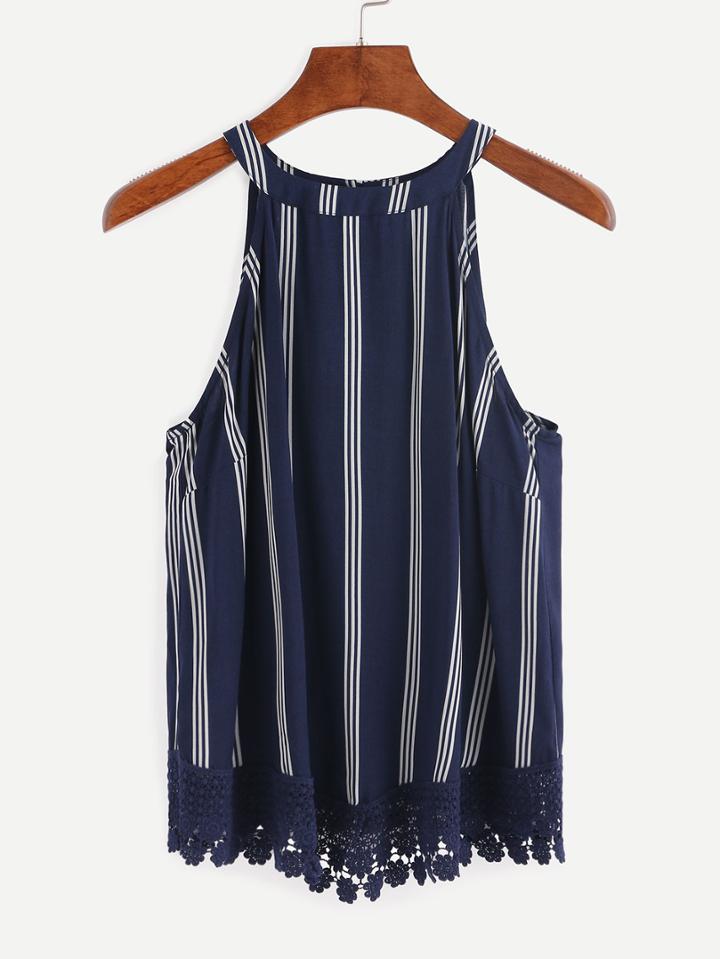 Romwe Halter Neck Crochet Trimmed Vertical Striped Top - Navy