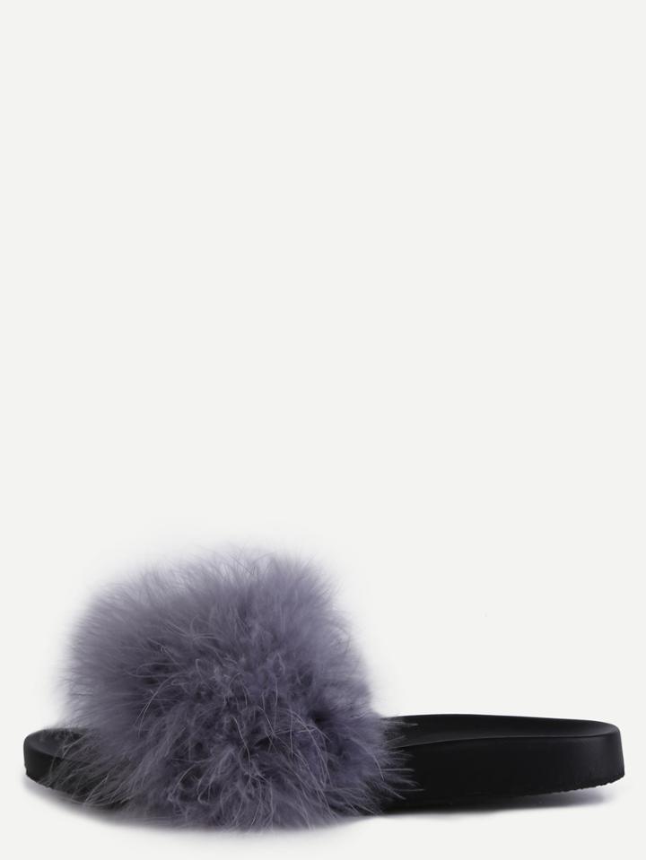 Romwe Grey Faux Fur Soft Sole Flat Slippers