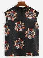 Romwe Black Sleeveless Peking Opera Print Eyelet Blouse