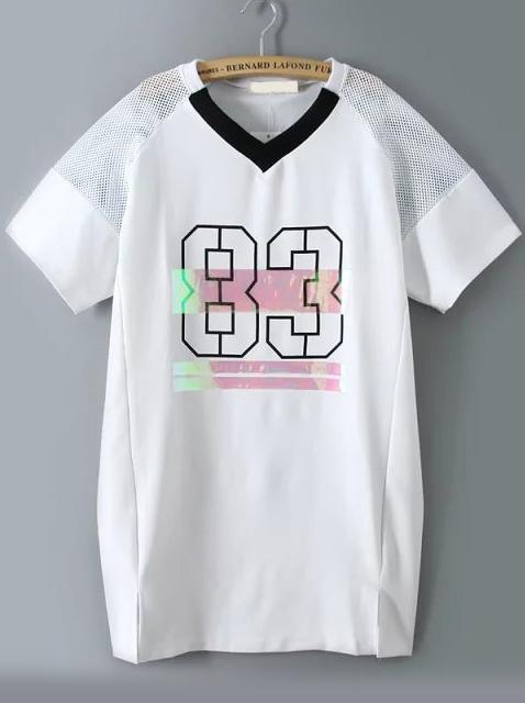 Romwe V Neck Number Print Split White T-shirt