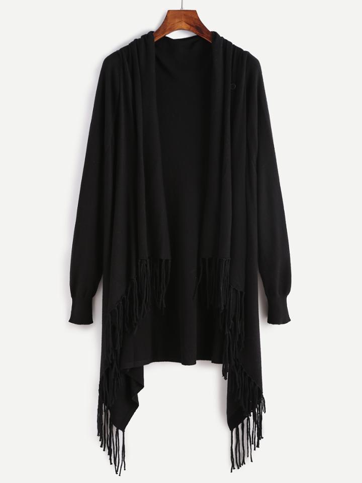 Romwe Black Fringe Trim Drape Collar Wrap Sweater Coat