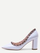 Romwe White Pointed Toe Studded Trim Chunky Pumps