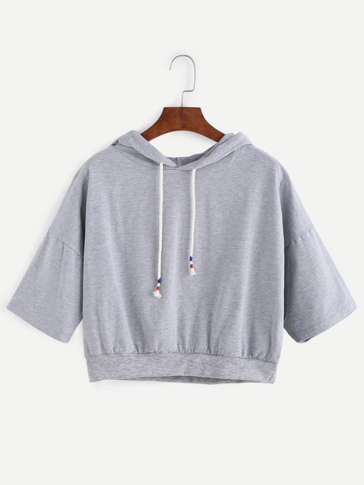 Romwe Grey Dropped Shoulder Hooded Crop Sweatshirt