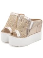 Romwe Gold Sequined Mesh Wedges Sandals