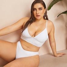 Romwe Plus Seam Top With High Cut Bikini Set