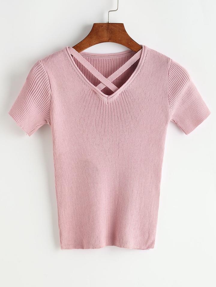 Romwe Criss Cross Front V Neck Ribbed Knitted T-shirt