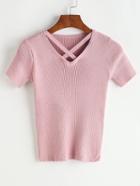Romwe Criss Cross Front V Neck Ribbed Knitted T-shirt