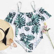 Romwe Palm Print Ruffle One Piece Swimsuit