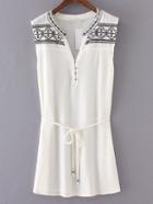 Romwe White Sleeveless Embroidery Vintage Dress With Belt