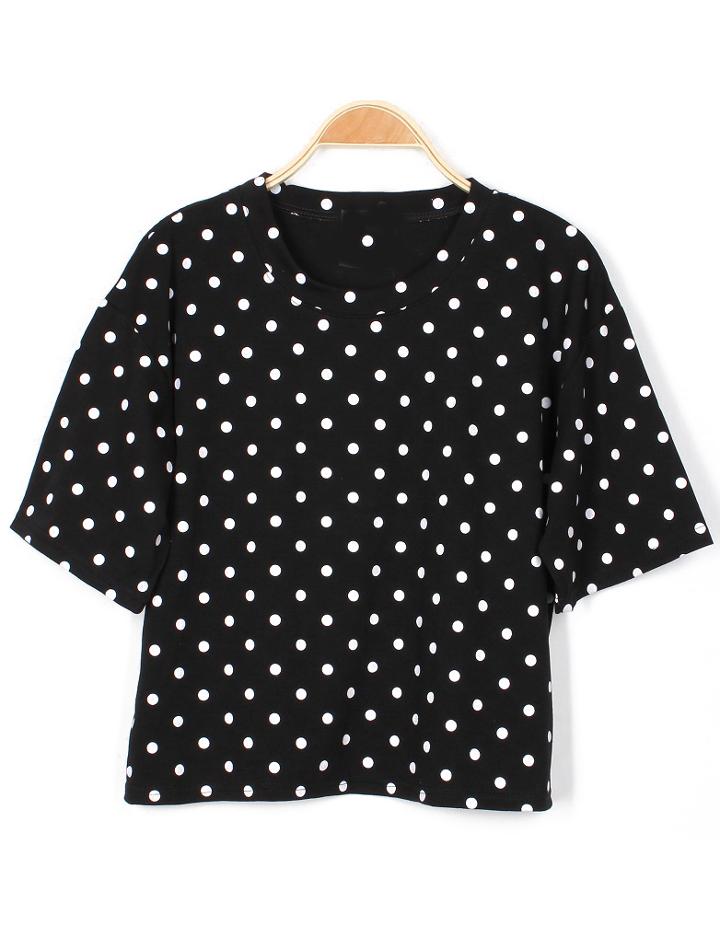 Romwe Polka Dot Crop Black T-shirt