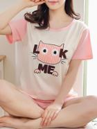 Romwe Cat Embroidered Tee & Shorts Pj Set