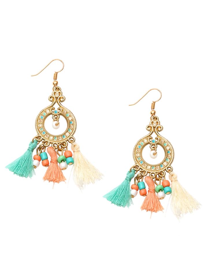 Romwe Multicolor Tassel Beaded Circle Drop Earrings