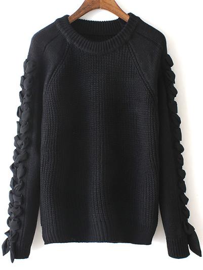 Romwe Long Sleeve Ribbon Bow Black Sweater