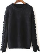 Romwe Long Sleeve Ribbon Bow Black Sweater