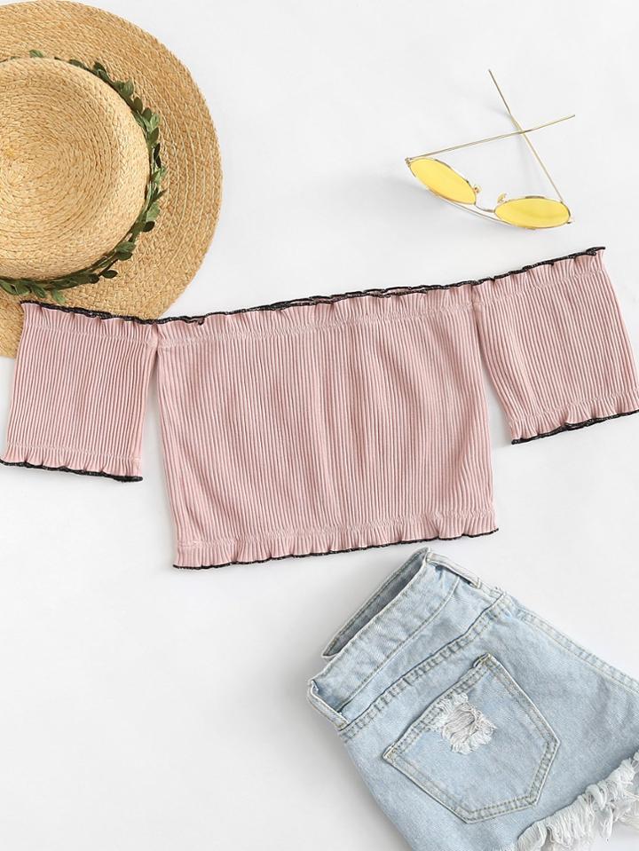 Romwe Off Shoulder Lettuce Trim Ribbed Top