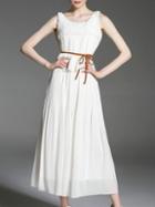 Romwe White Pleated Flowers Applique Tie-waist Dress