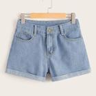 Romwe Pocket And Button Detail Solid Denim Shorts