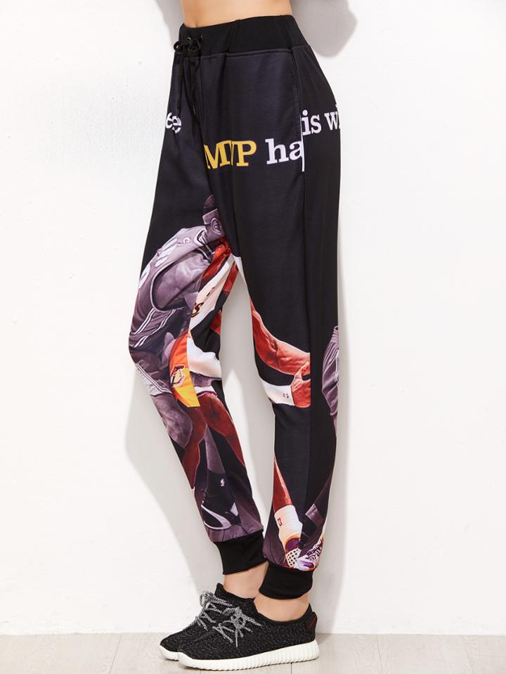 Romwe Black Basketball Star Print Tie Waist Beam Port Pants