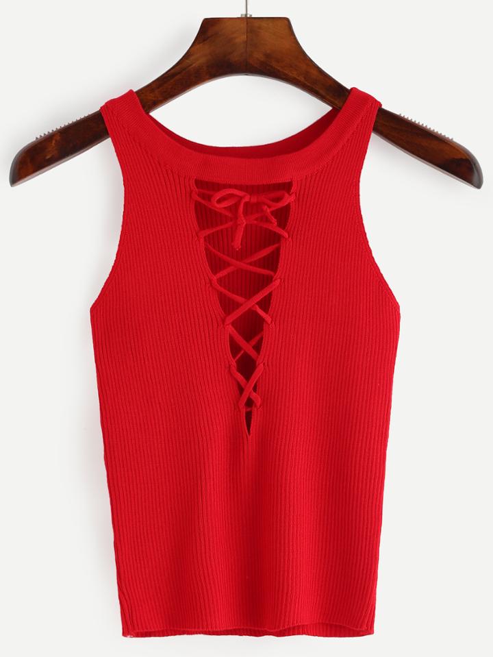 Romwe Red Cutout Lace Up Ribbed Knit Tank Top