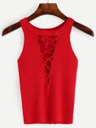 Romwe Red Cutout Lace Up Ribbed Knit Tank Top