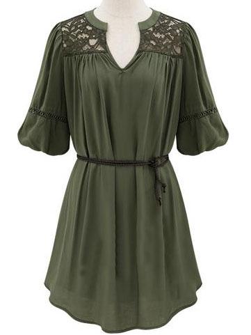 Romwe Army Green V Neck Lace Yoke Shift Dress