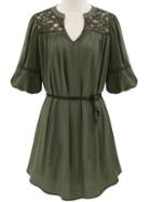 Romwe Army Green V Neck Lace Yoke Shift Dress