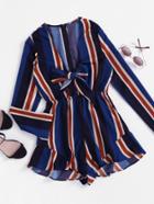 Romwe Plunging V-neckline Striped Bow Tie Front Frill Romper