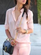 Romwe Pink Stand Collar With Buttons Blouse