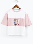 Romwe Embroidery Color Block T-shirt - Pink