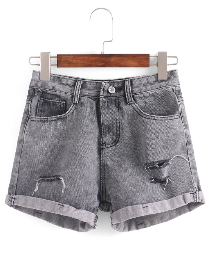 Romwe Ripped Rolled Hem Grey Denim Shorts