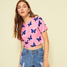 Romwe Butterfly Print Crop Tee