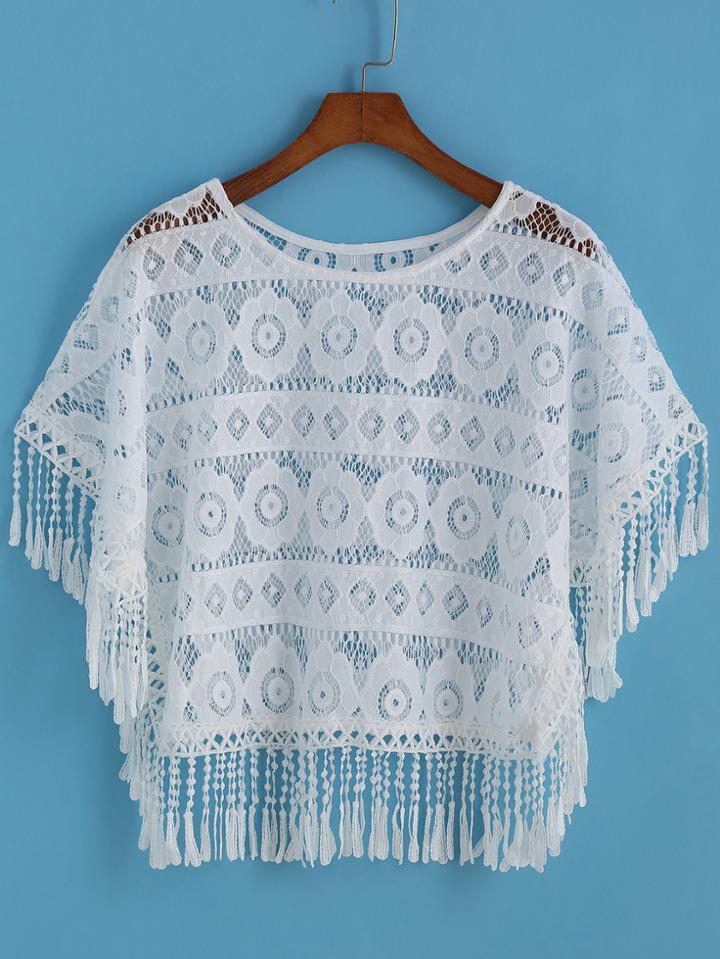 Romwe With Tassel Hollow Lace White Top