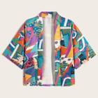 Romwe Guys Random Abstract Print Open Front Shirt
