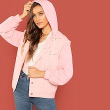 Romwe Pocket Front Button Up Hoodie Jacket