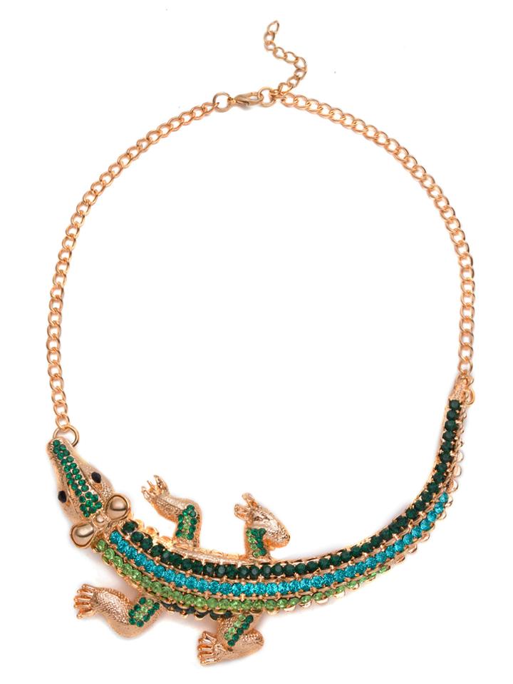 Romwe Green Rhinestone Crocodile Statement Necklace